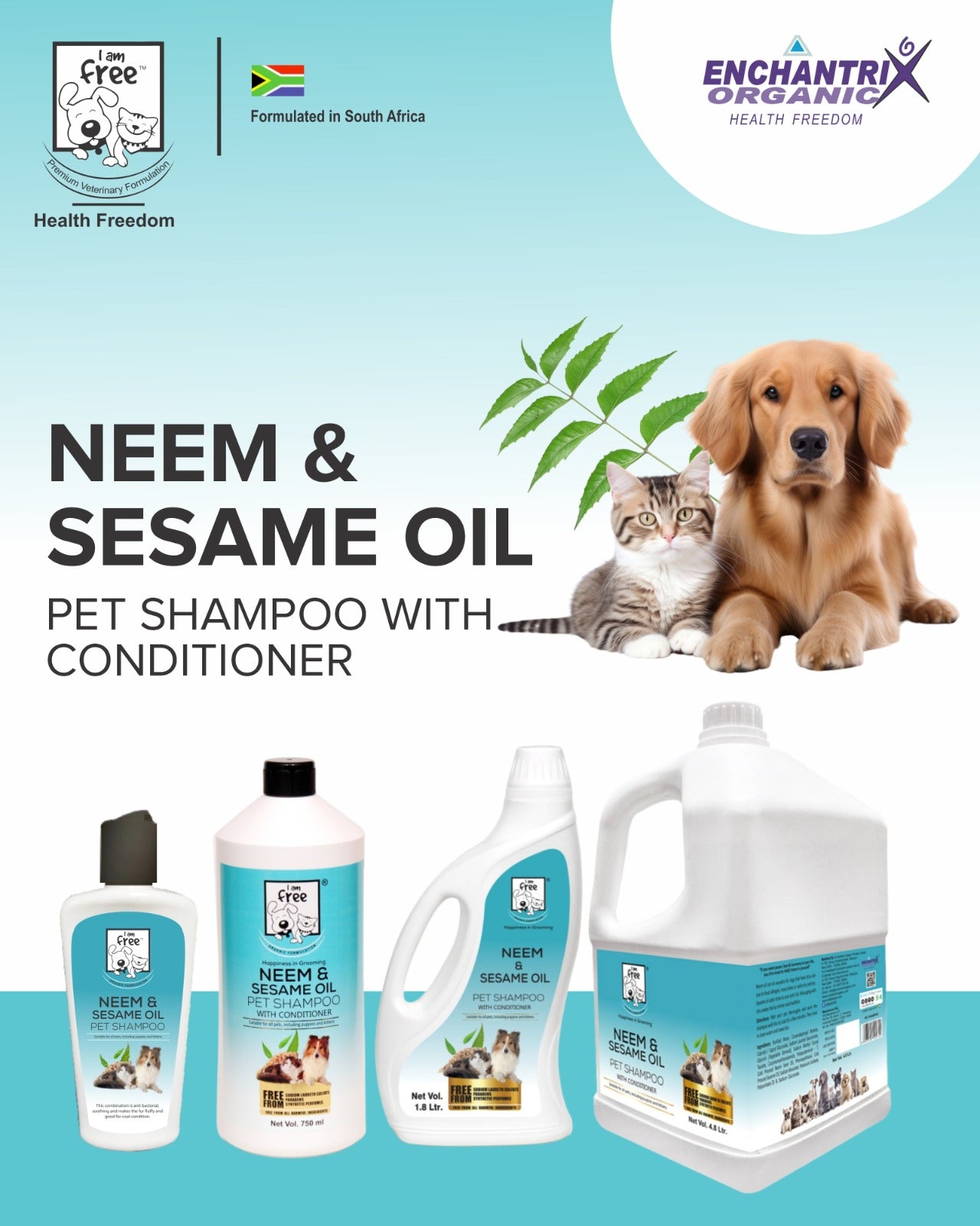 I AM FREE® Neem & Sesame Oil Pet Shampoo with Conditioner- 4.8 Ltr.